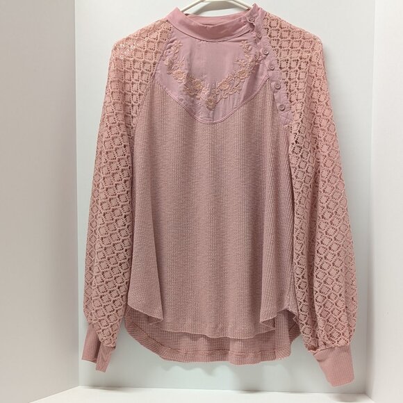 Free People Sweetest Thing Embroidered Thermal Top w/ Lace Sleeves in Blush Pink - Picture 3 of 16